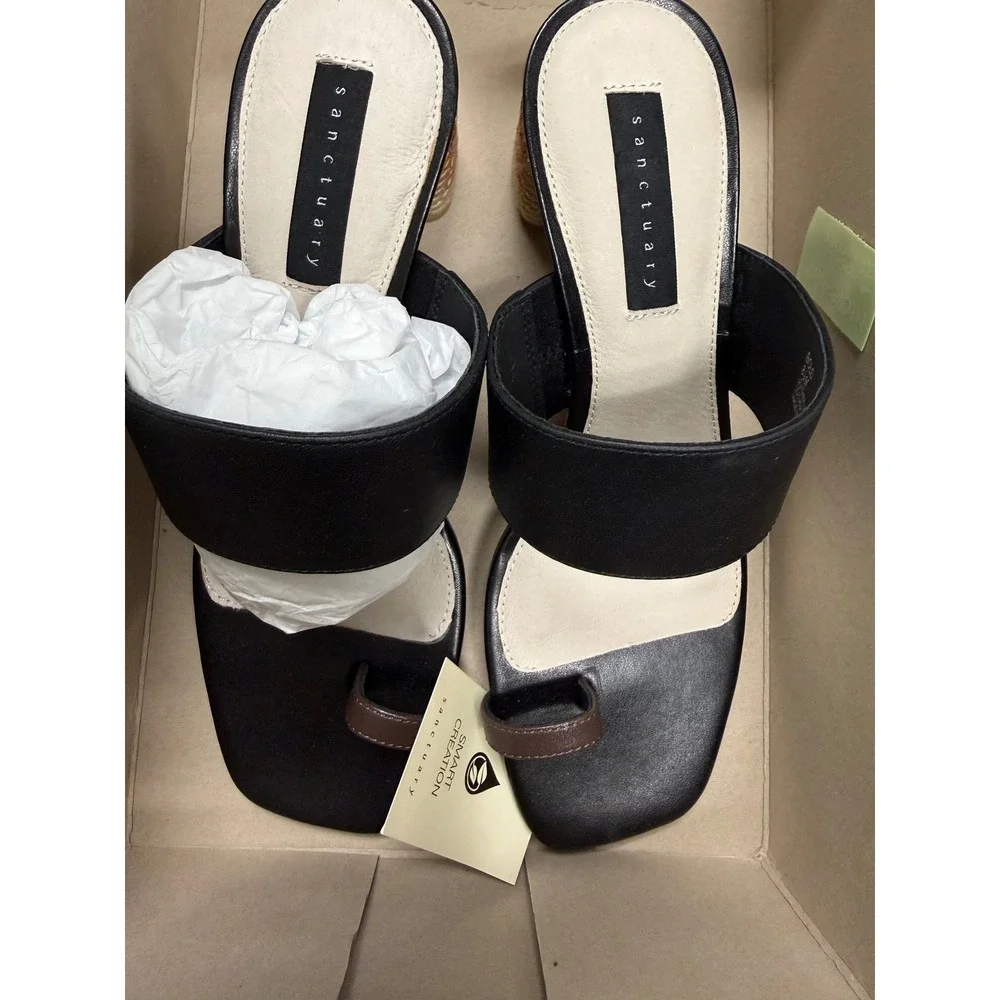 Sanctuary SA-BOLD Black/Mocha Toe-Loop Woven Block Heel Sandals Size 8.5M NIB